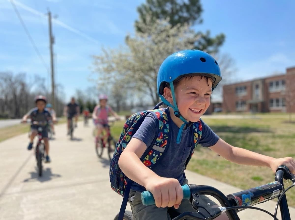 Children and adults riding bikes together on a sunny path