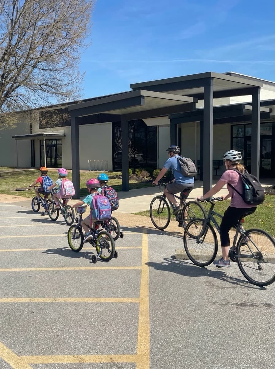 Parents and children biking in a line arriving at school