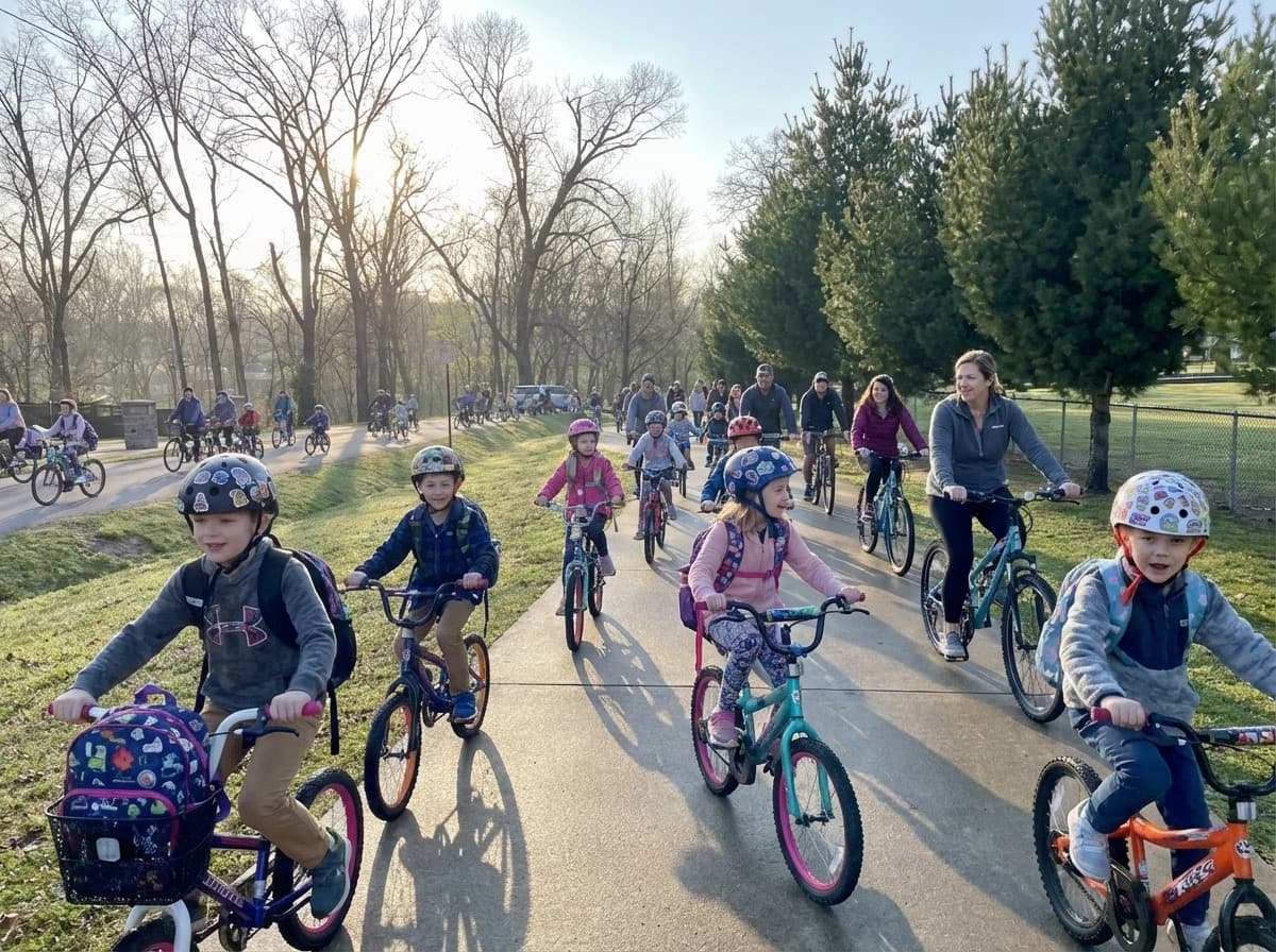 Children and adults riding bikes together on a trail during a bike train