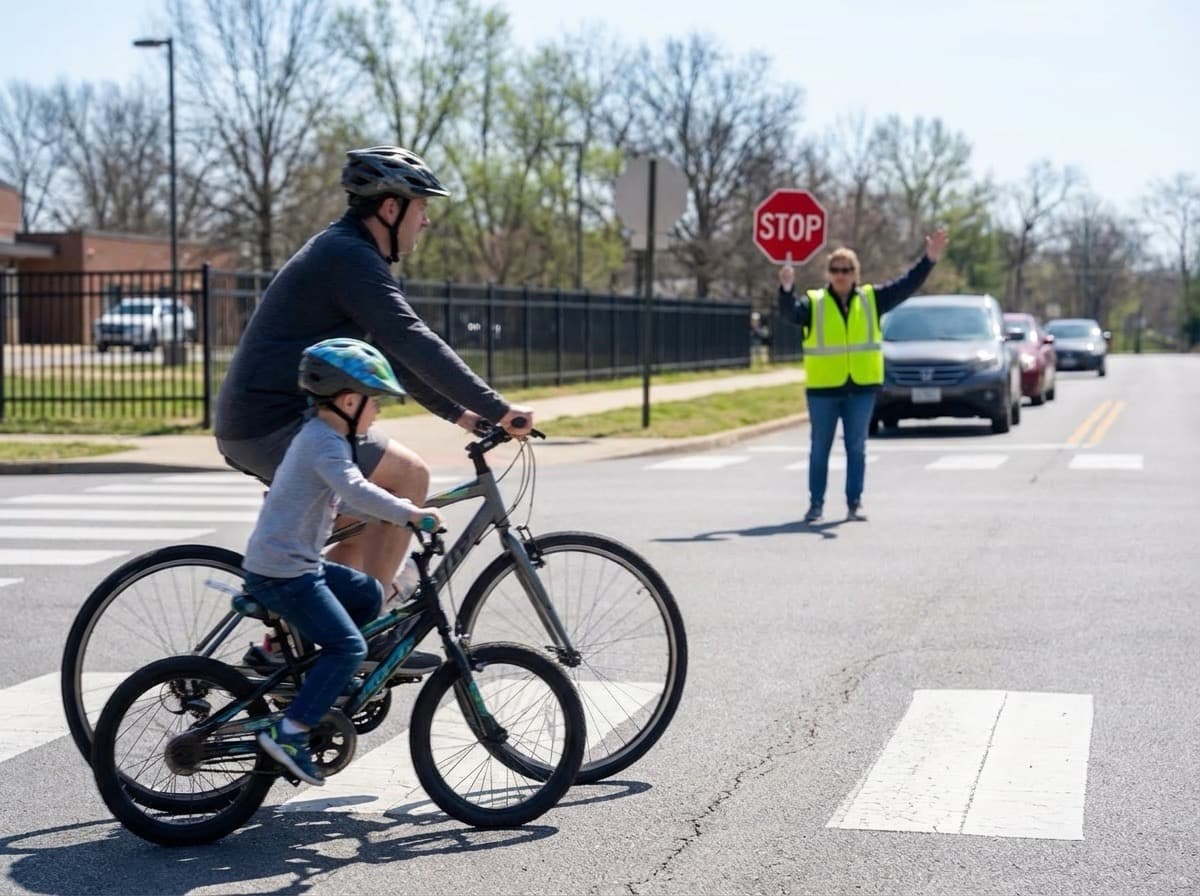 Parent and child crossing with a crossing guard