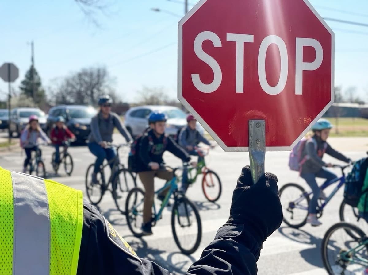 Crossing guard holding stop sign while children bike safely through an intersection