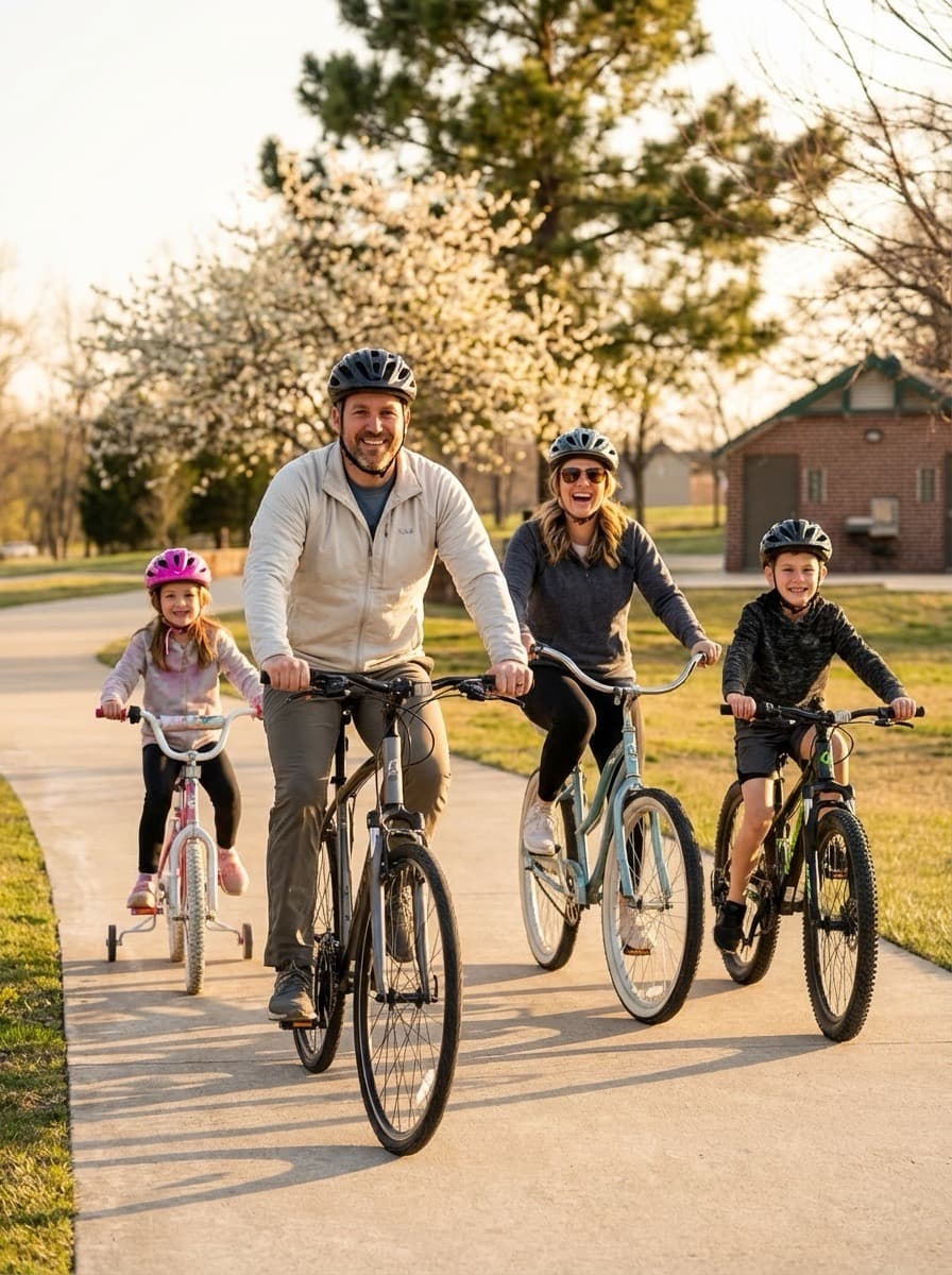 Family biking together through a neighborhood