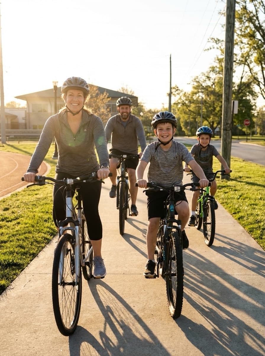 Family riding bikes together on a paved trail