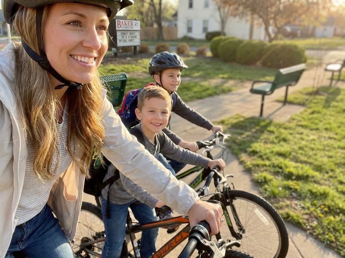Mother biking with her children near school