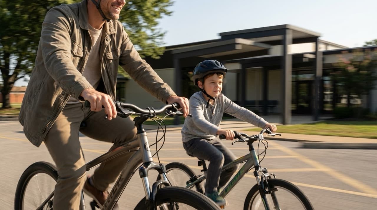Parent and child biking side by side